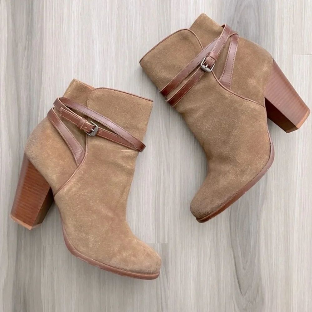 All Saints Victoria Brown Suede Ankle Boots 8.5 EU 39.5 Buckle Heel Distressed